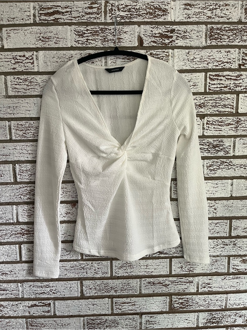 Textured Twist-Front Long Sleeve Blouse - White